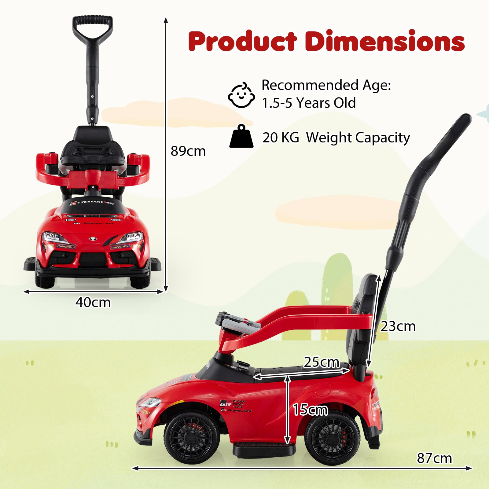 3-in-1 Push Car for Toddlers Toyota Licensed Sliding Car with Handle and Music-Red