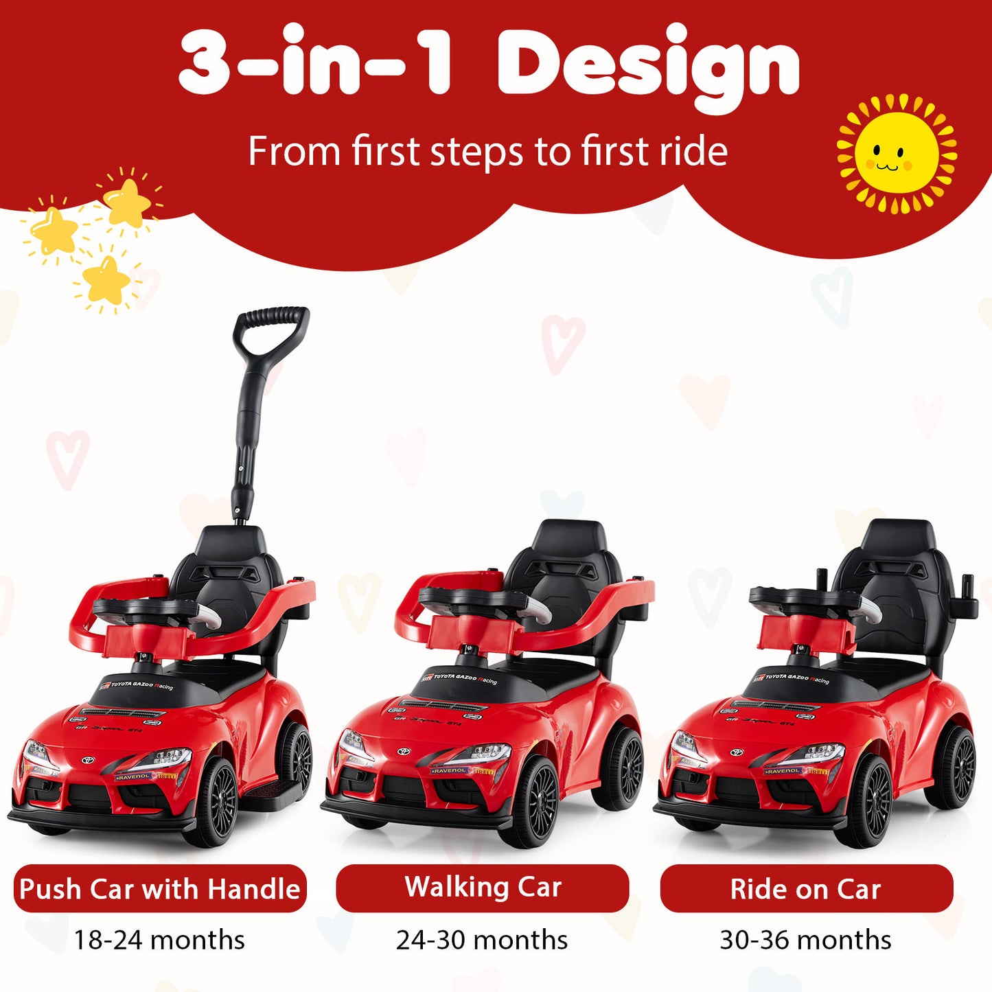 3-in-1 Push Car for Toddlers Toyota Licensed Sliding Car with Handle and Music-Red
