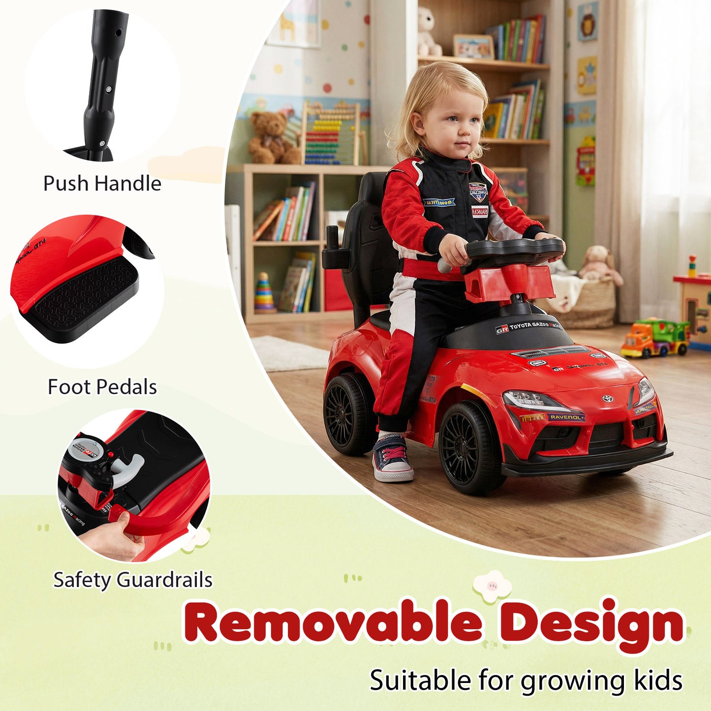 3-in-1 Push Car for Toddlers Toyota Licensed Sliding Car with Handle and Music-Red
