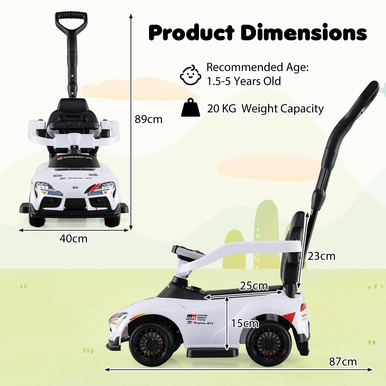 3-in-1 Push Car for Toddlers Toyota Licensed Sliding Car with Handle and Music-White