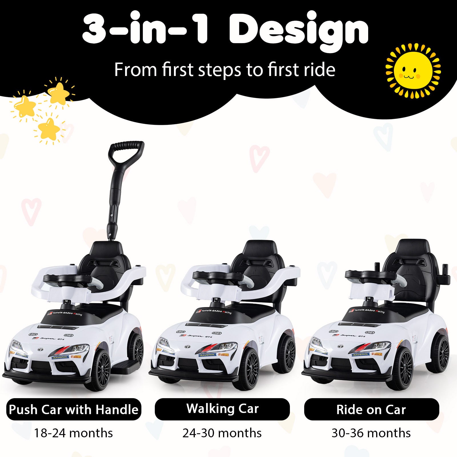 3-in-1 Push Car for Toddlers Toyota Licensed Sliding Car with Handle and Music-White