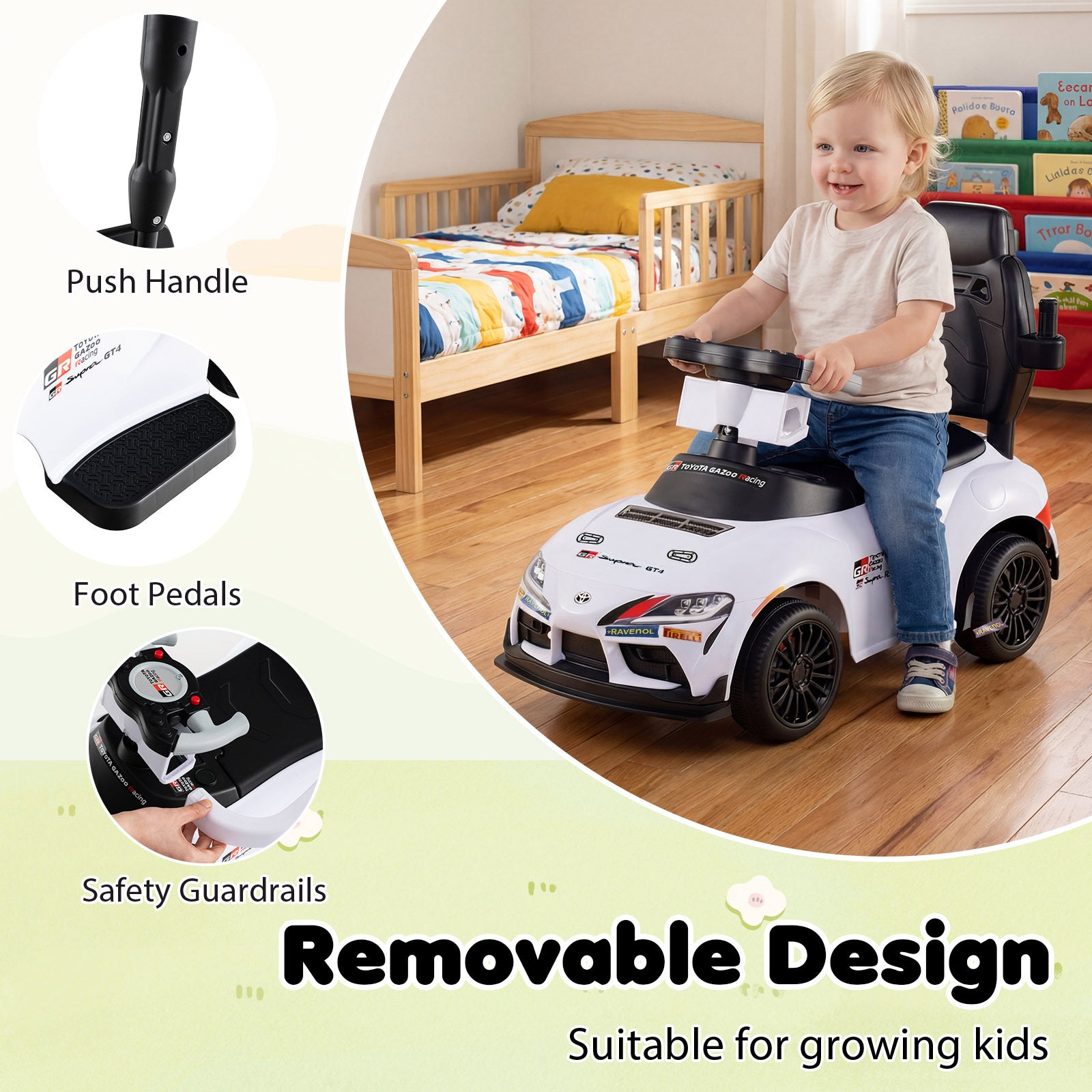 3-in-1 Push Car for Toddlers Toyota Licensed Sliding Car with Handle and Music-White
