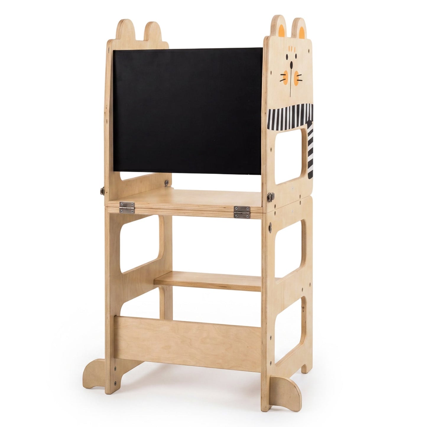 3-in-1 Toddler Kitchen Step Stool Foldable Standing Tower with Blackboard-Cat