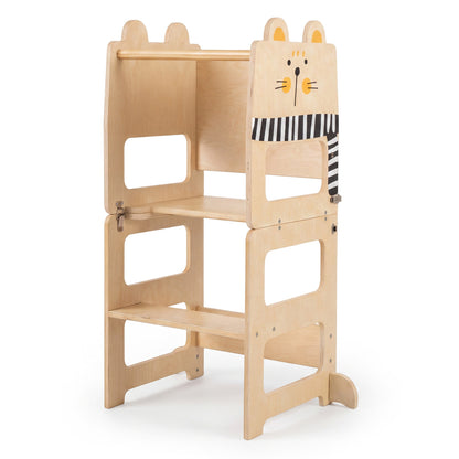 3-in-1 Toddler Kitchen Step Stool Foldable Standing Tower with Blackboard-Cat