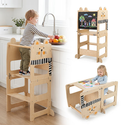 3-in-1 Toddler Kitchen Step Stool Foldable Standing Tower with Blackboard-Fox