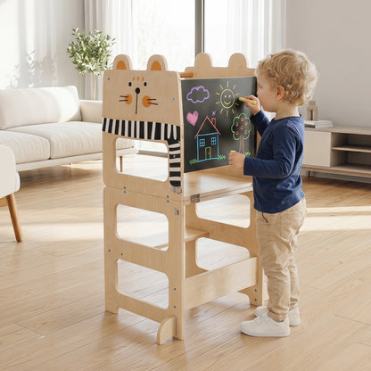 3-in-1 Toddler Kitchen Step Stool Foldable Standing Tower with Blackboard-Fox