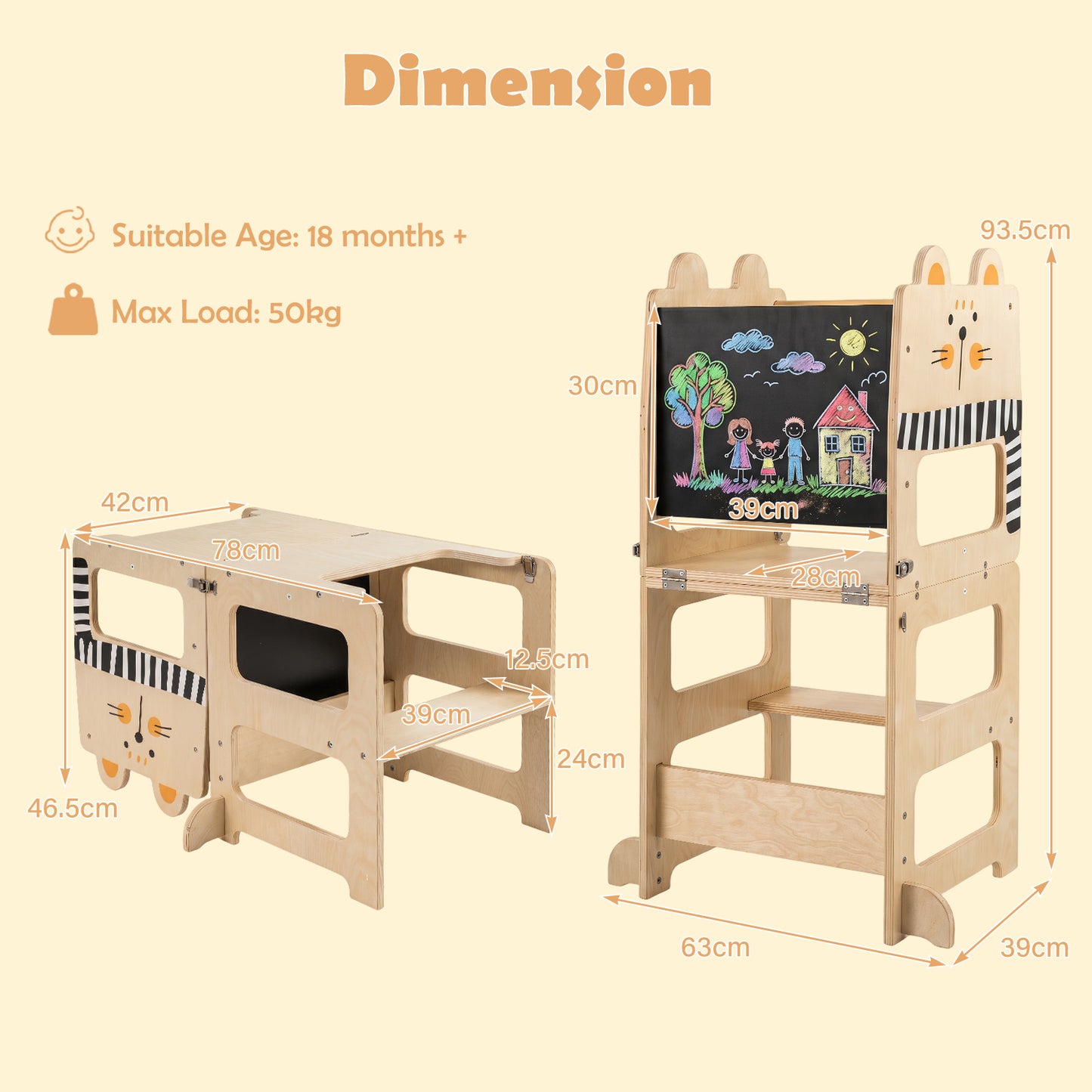 3-in-1 Toddler Kitchen Step Stool Foldable Standing Tower with Blackboard-Fox