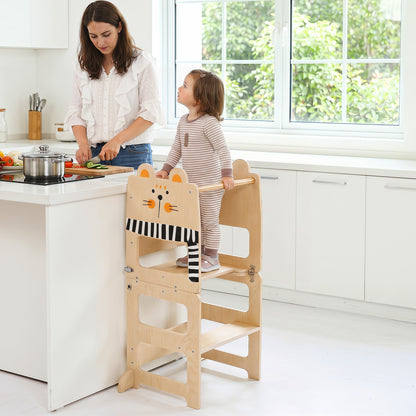 3-in-1 Toddler Kitchen Step Stool Foldable Standing Tower with Blackboard-Fox
