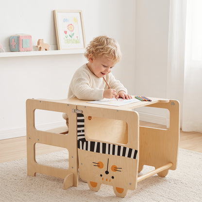 3-in-1 Toddler Kitchen Step Stool Foldable Standing Tower with Blackboard-Fox