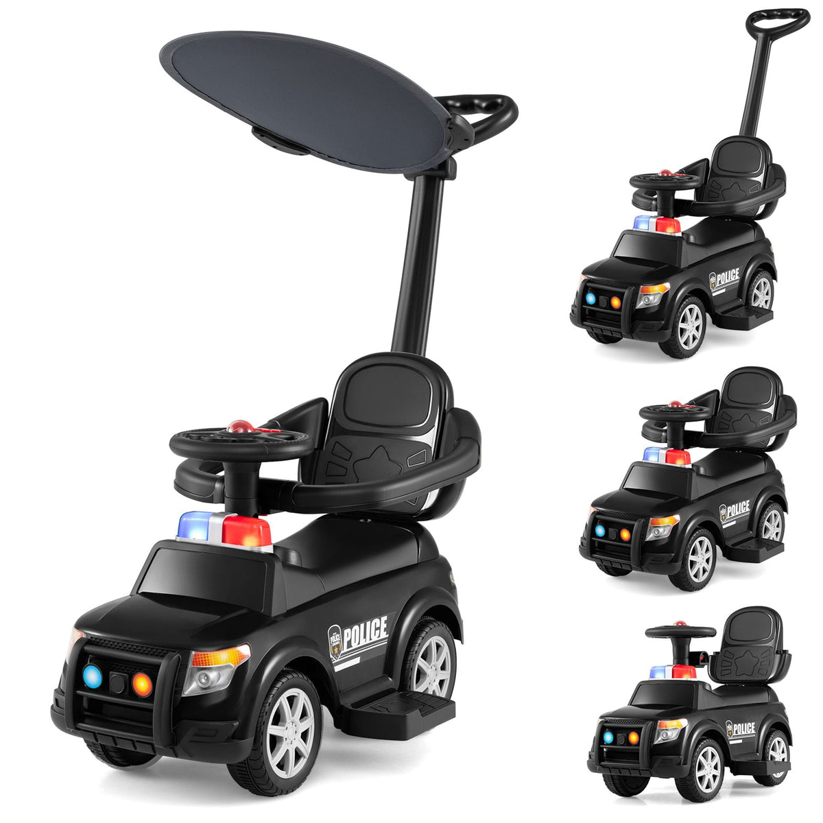 3-in-1 Toddler Push Car with Handle Canopy and Siren Flashing Light for 18-36 Month Kids-Black