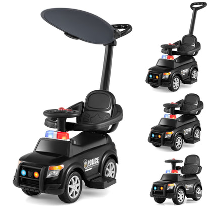 3-in-1 Toddler Push Car with Handle Canopy and Siren Flashing Light for 18-36 Month Kids-Black