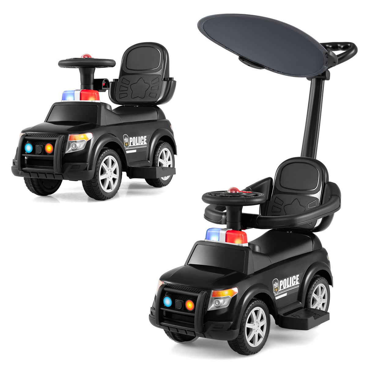 3-in-1 Toddler Push Car with Handle Canopy and Siren Flashing Light for 18-36 Month Kids-Black