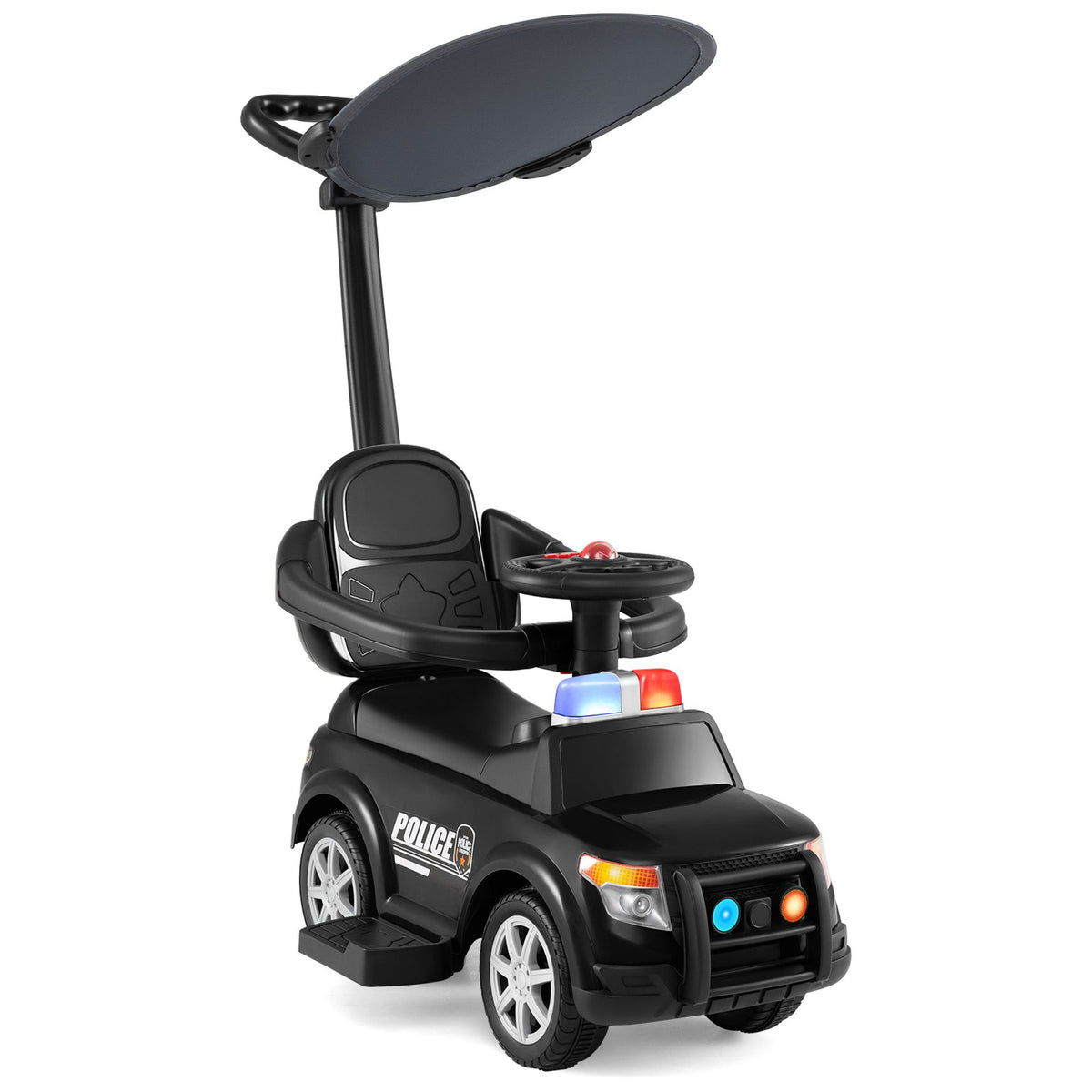 3-in-1 Toddler Push Car with Handle Canopy and Siren Flashing Light for 18-36 Month Kids-Black
