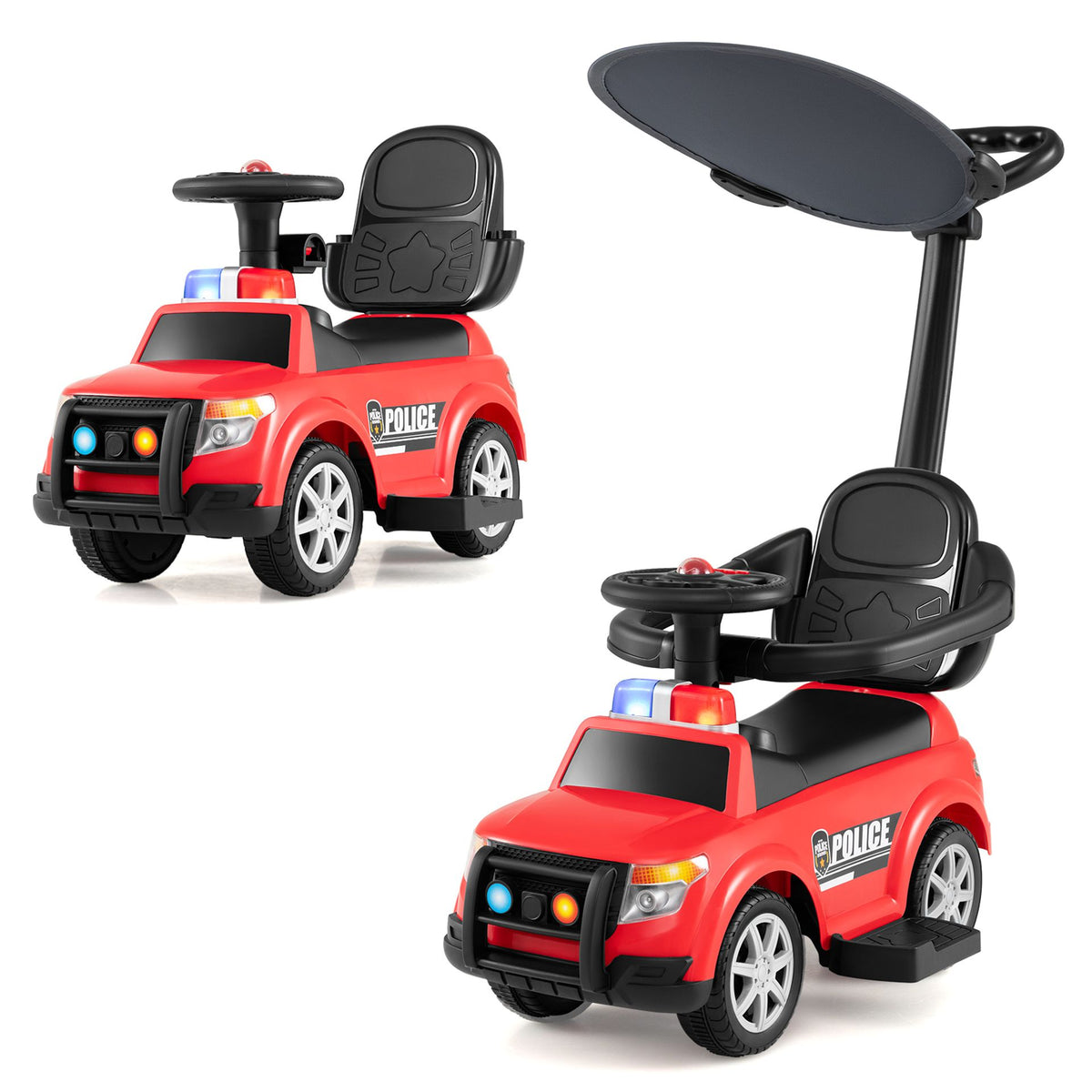 3-in-1 Toddler Push Car with Handle Canopy and Siren Flashing Light for 18-36 Month Kids-Red