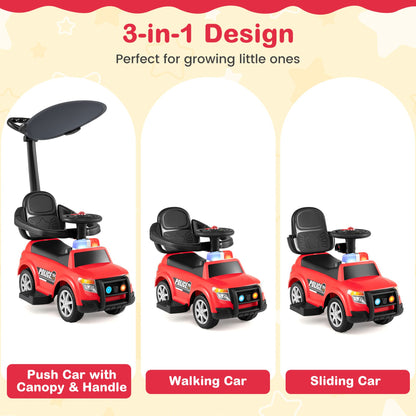 3-in-1 Toddler Push Car with Handle Canopy and Siren Flashing Light for 18-36 Month Kids-Red