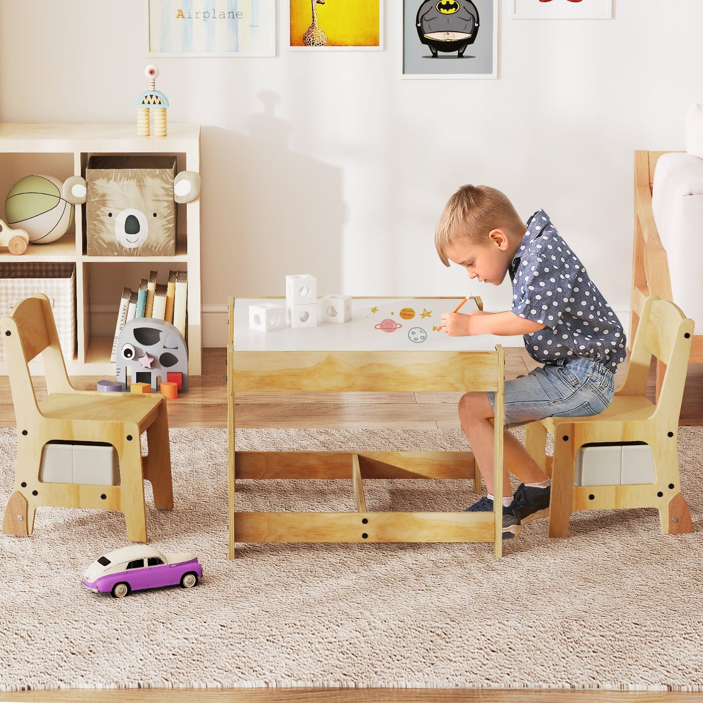 3 in 1 Wooden Kids Table and Chair Set with Removable Tabletop and Drawers-Beige