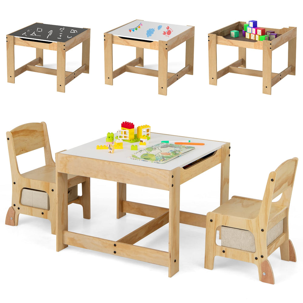 3 in 1 Wooden Kids Table and Chair Set with Removable Tabletop and Drawers-Beige