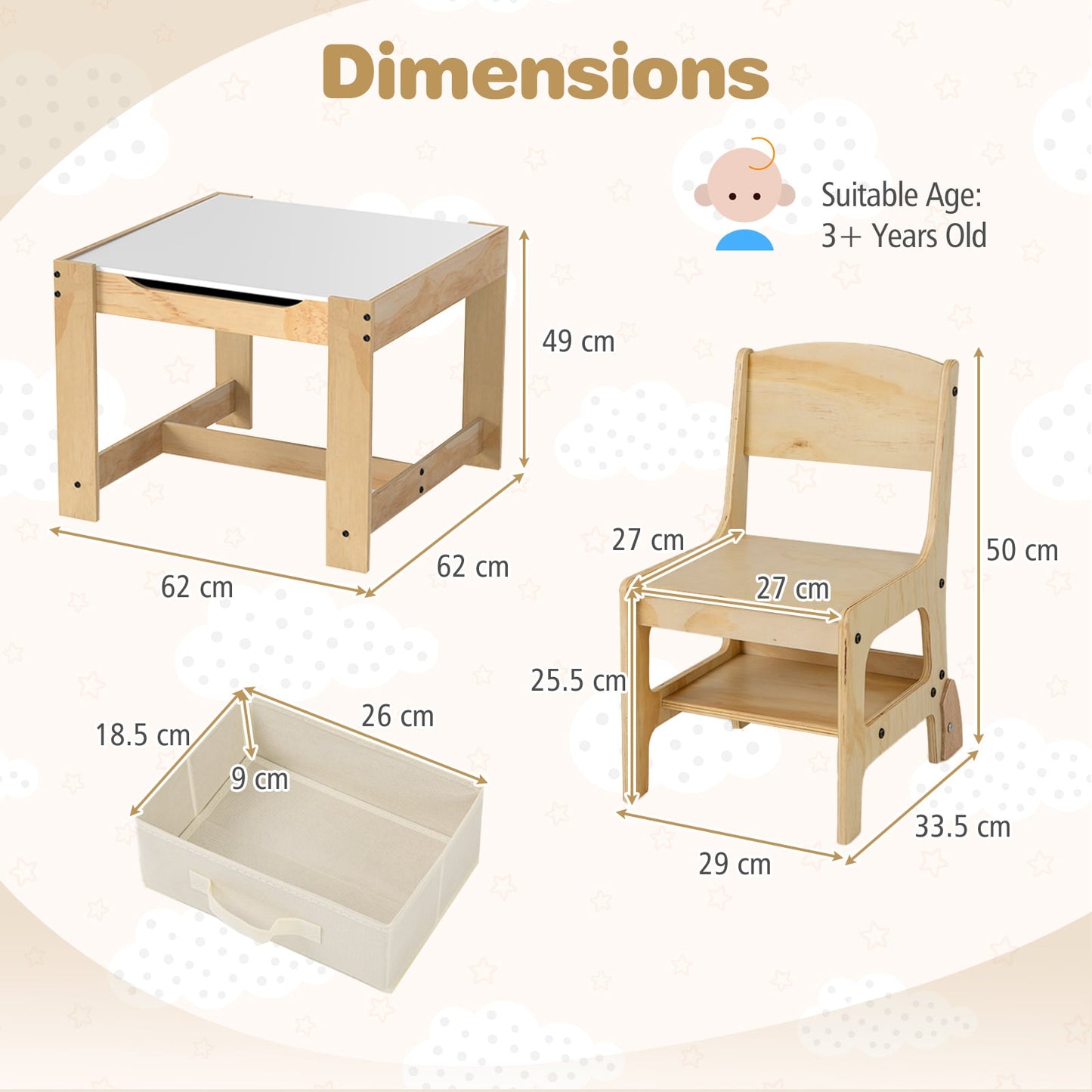 3 in 1 Wooden Kids Table and Chair Set with Removable Tabletop and Drawers-Beige