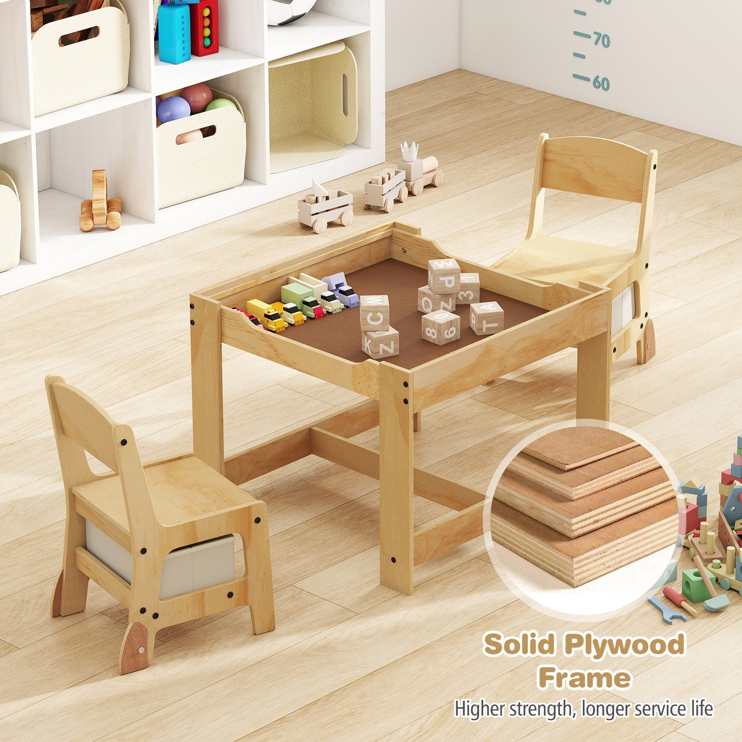 3 in 1 Wooden Kids Table and Chair Set with Removable Tabletop and Drawers-Beige