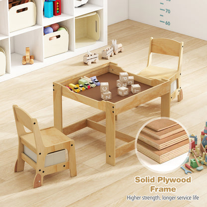 3 in 1 Wooden Kids Table and Chair Set with Removable Tabletop and Drawers-Beige