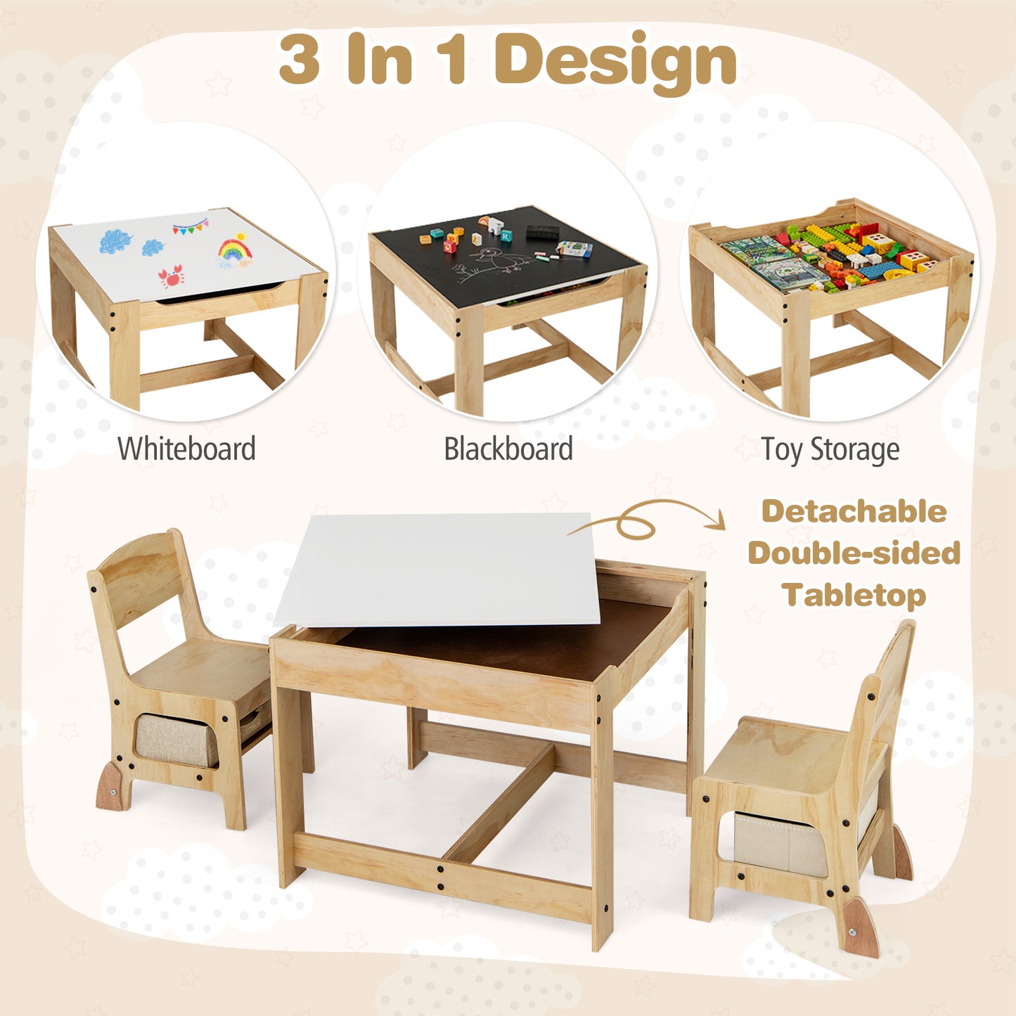 3 in 1 Wooden Kids Table and Chair Set with Removable Tabletop and Drawers-Beige