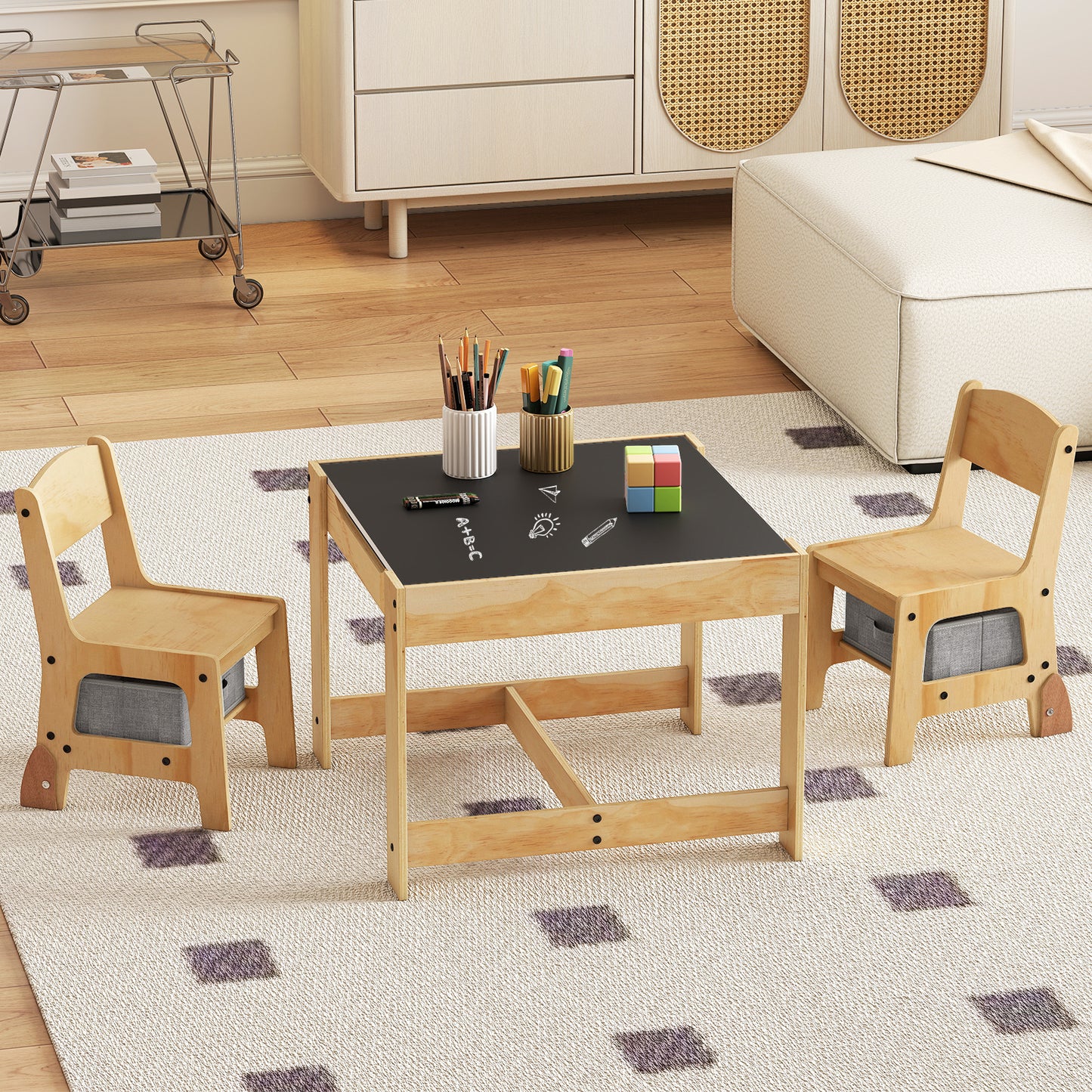 3 in 1 Wooden Kids Table and Chair Set with Removable Tabletop and Drawers-Grey