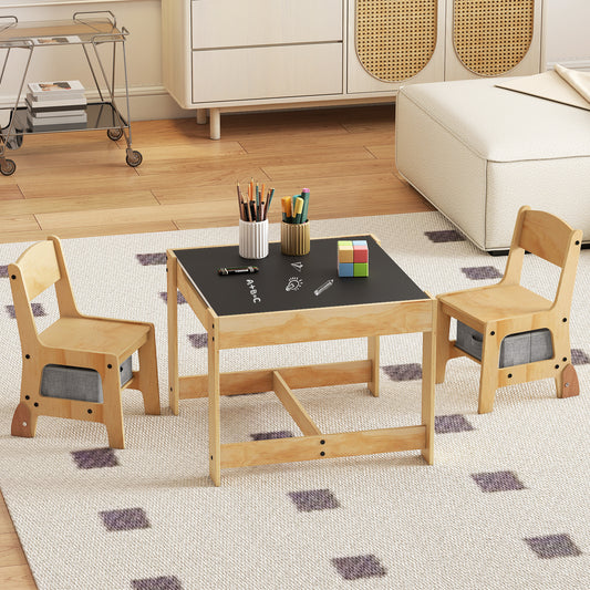 3 in 1 Wooden Kids Table and Chair Set with Removable Tabletop and Drawers-Grey