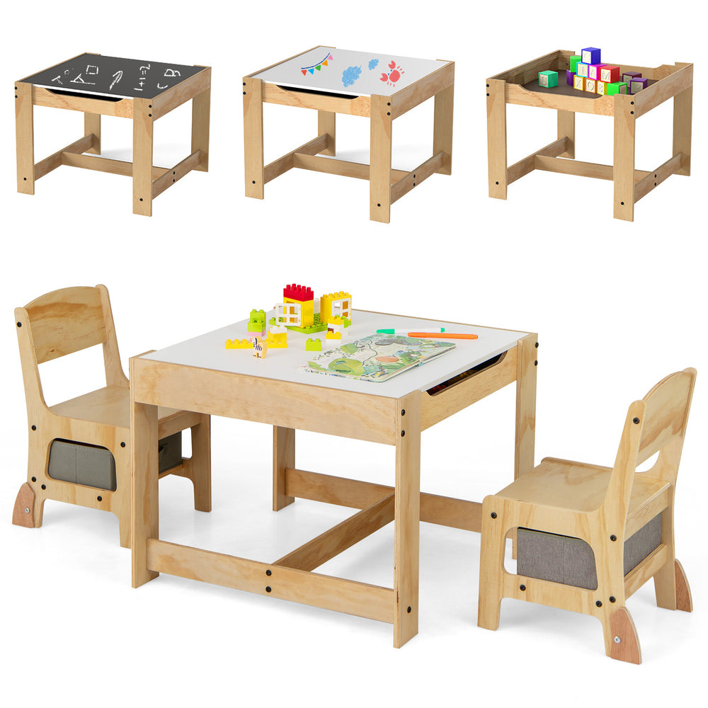 3 in 1 Wooden Kids Table and Chair Set with Removable Tabletop and Drawers-Grey
