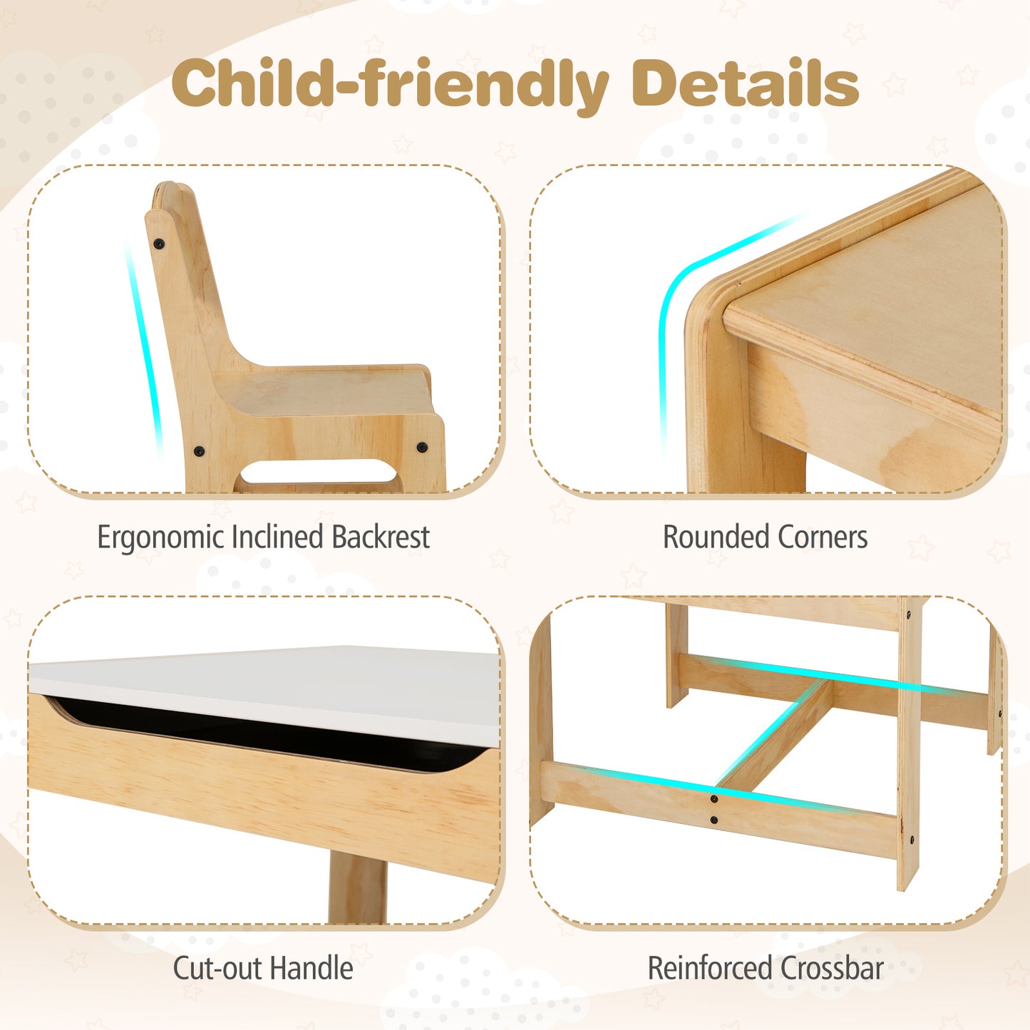 3 in 1 Wooden Kids Table and Chair Set with Removable Tabletop and Drawers-Grey