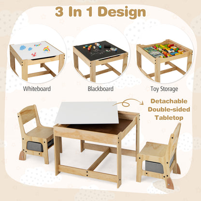 3 in 1 Wooden Kids Table and Chair Set with Removable Tabletop and Drawers-Grey