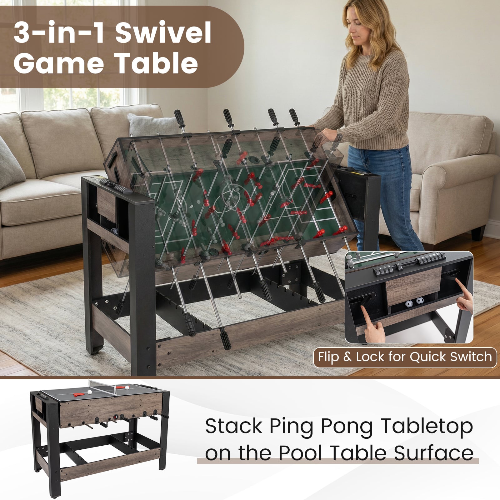 3-in-1 124CM Swivel Game Table with Foosball Pool Billiards Table Tennis-Brown