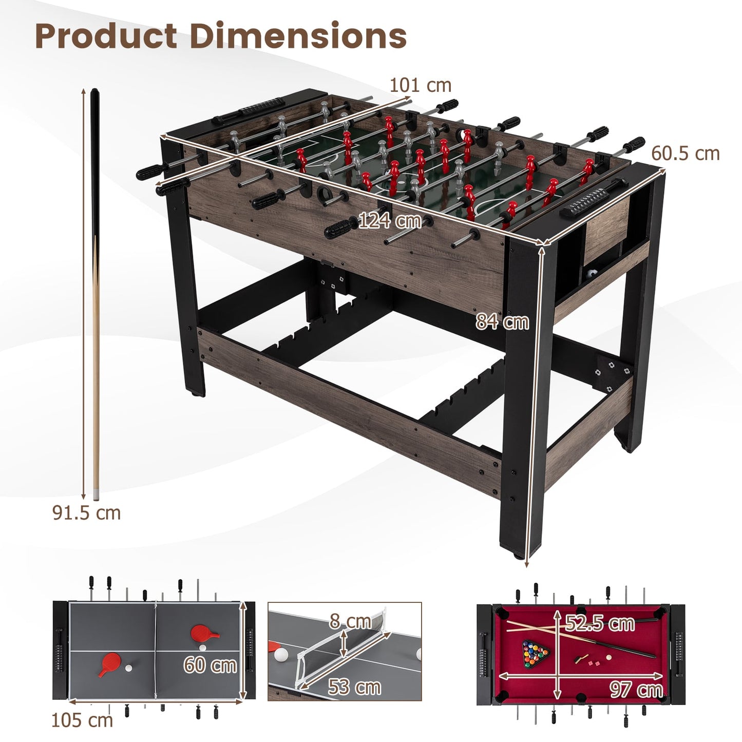 3-in-1 124CM Swivel Game Table with Foosball Pool Billiards Table Tennis-Brown