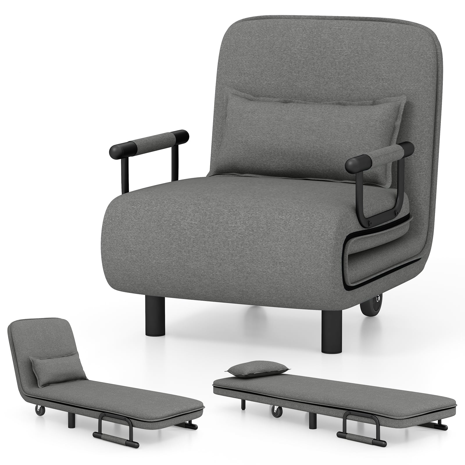 3-in-1 Convertible Sofa Bed with 5-Position Adjustable Backrest-Grey