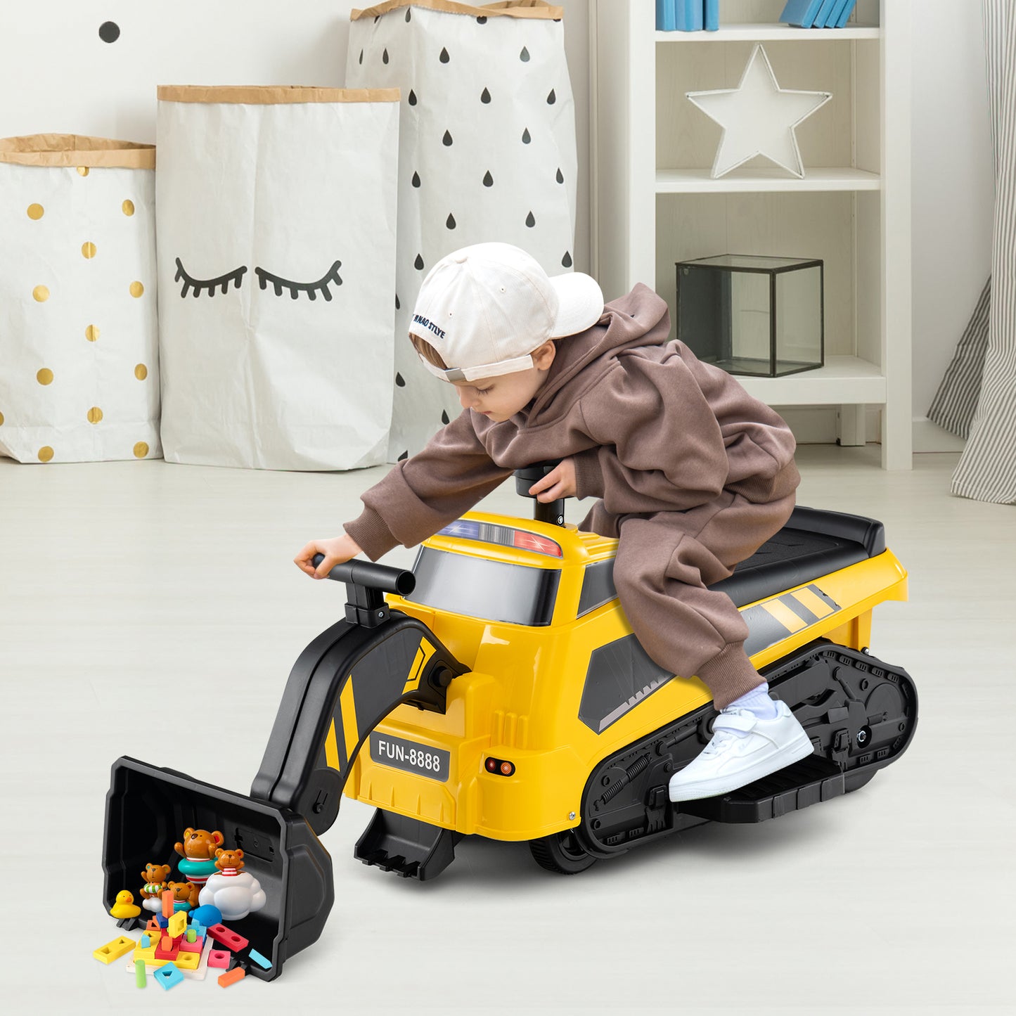 3-in-1 Ride on Tractor Electric Excavator Bulldozer Roller with Adjustable Arms-Yellow