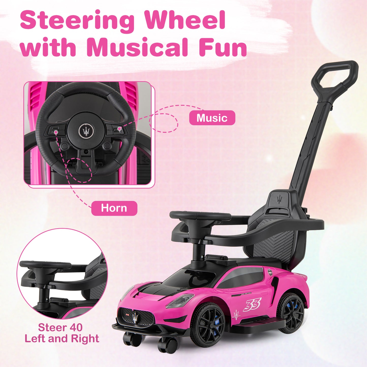 3-in-1 Ride on Push Car with 2 Universal Wheels, Music Steering, Guardrail and Handlebar-Pink