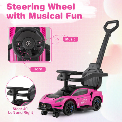 3-in-1 Ride on Push Car with 2 Universal Wheels, Music Steering, Guardrail and Handlebar-Pink