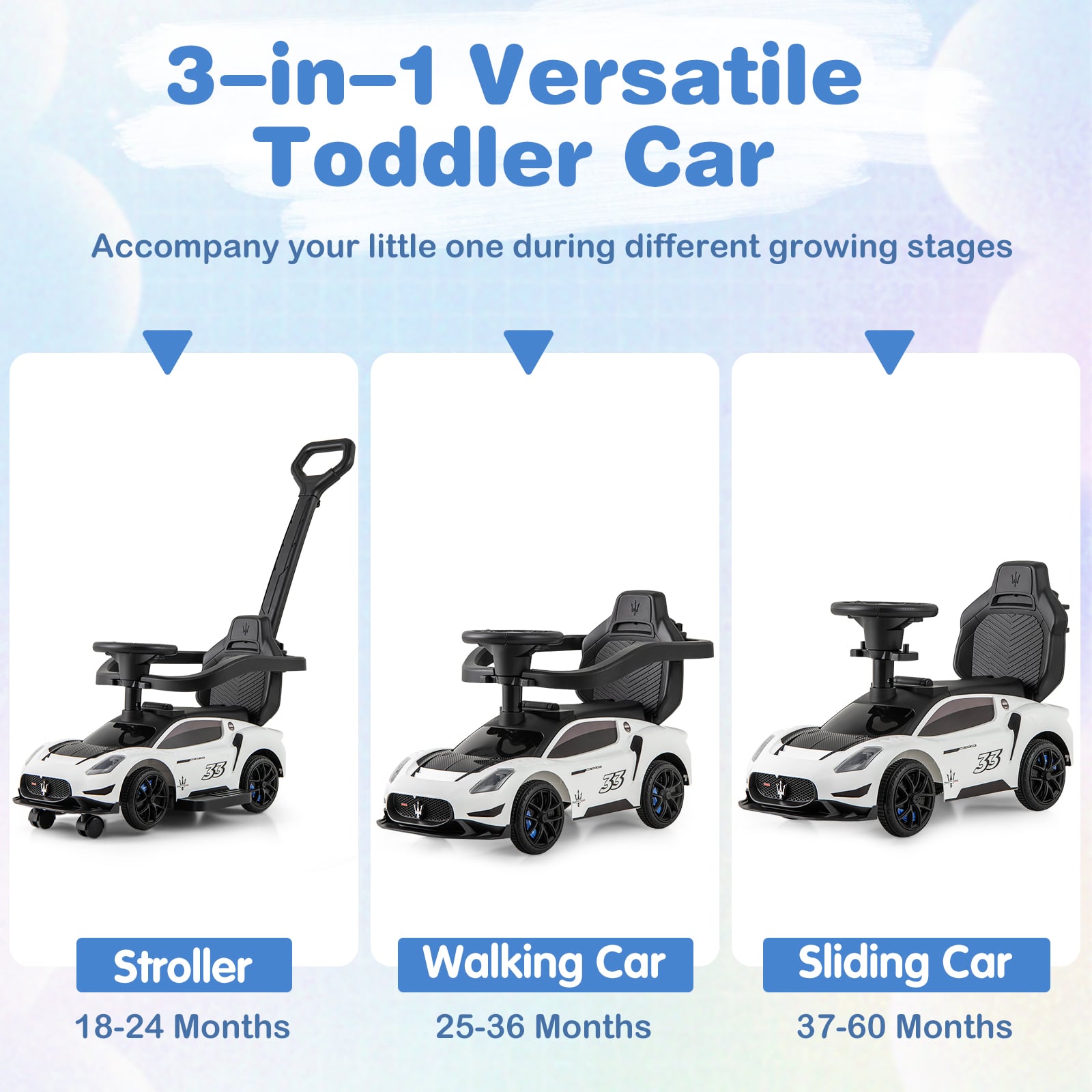 3-in-1 Ride on Push Car with 2 Universal Wheels, Music Steering, Guardrail and Handlebar-White
