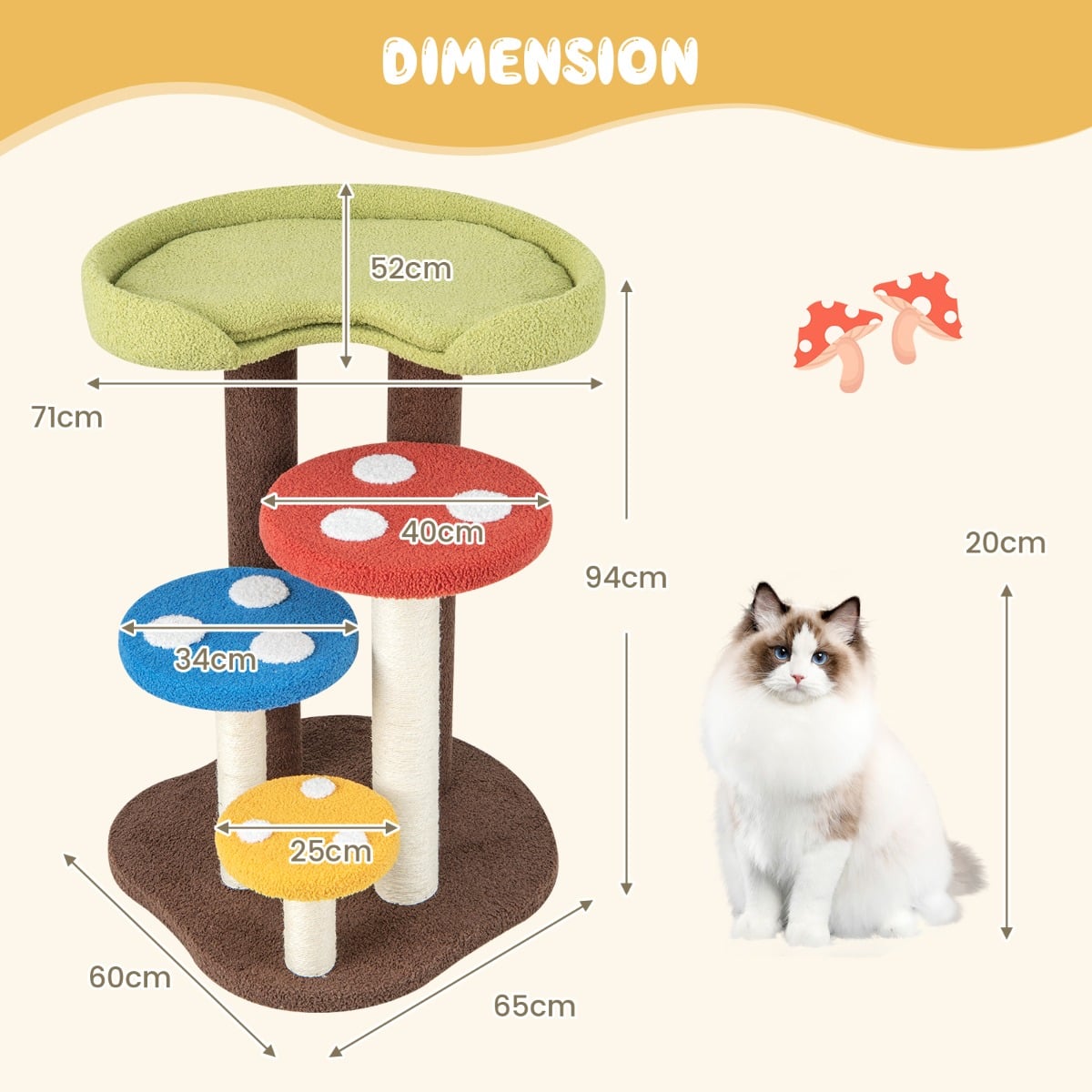 3-In-1 Cat Tree with 3 Full-Wrapped Sisal Posts and Removable Mat & Platforms-Multicolor