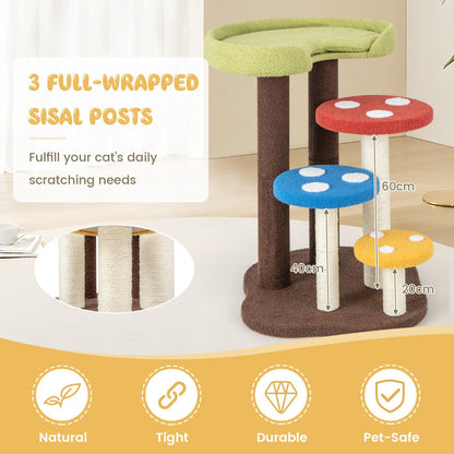 3-In-1 Cat Tree with 3 Full-Wrapped Sisal Posts and Removable Mat & Platforms-Multicolor