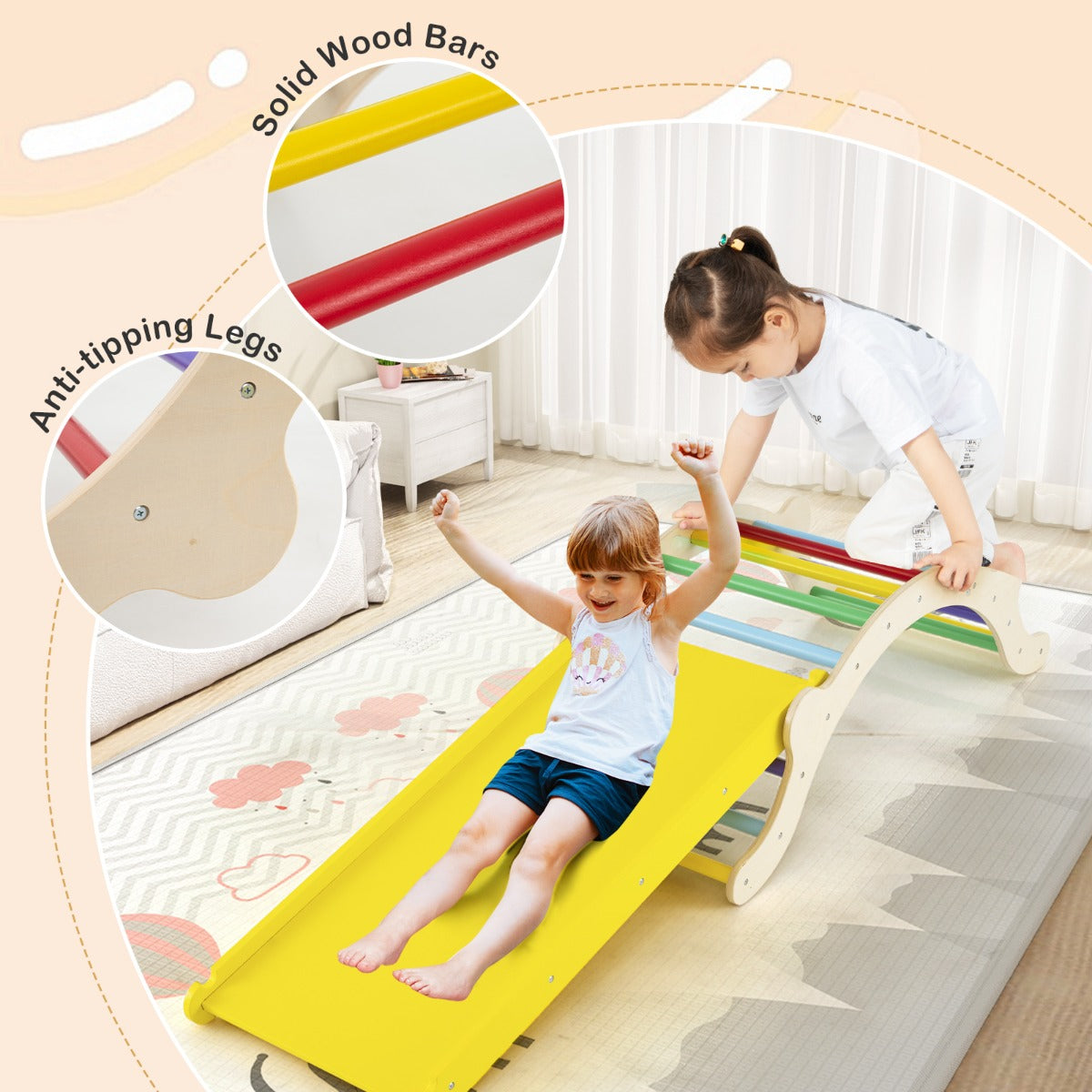 3-In-1 Wooden Climber with Ramp Toddler Climber Arch-Multicolor