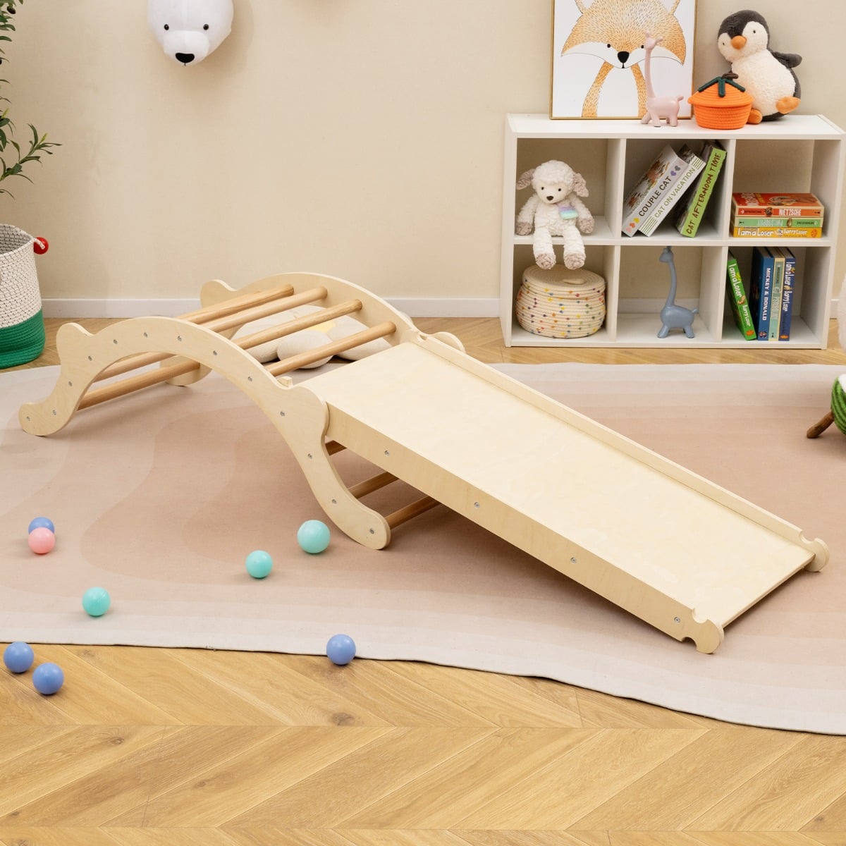 3-In-1 Wooden Climber with Ramp Toddler Climber Arch-Natural