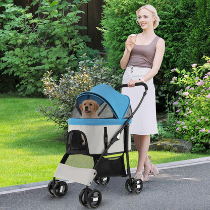 Foldable Pet Stroller with 4-Level Adjustable Canopy and Storage Basket-Blue