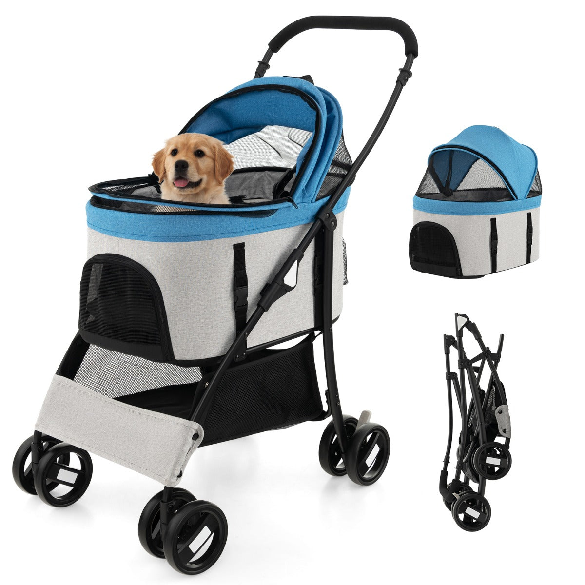 Foldable Pet Stroller with 4-Level Adjustable Canopy and Storage Basket-Blue