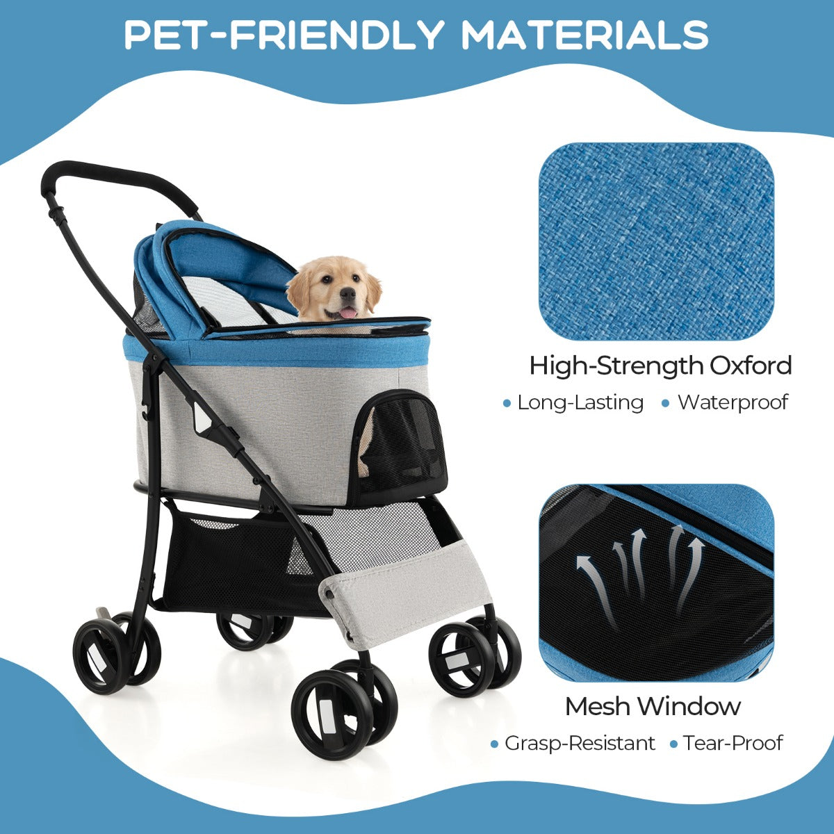 Foldable Pet Stroller with 4-Level Adjustable Canopy and Storage Basket-Blue