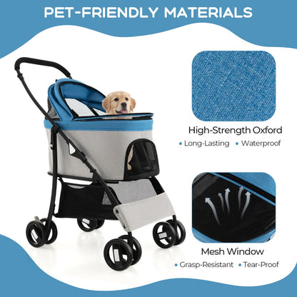 Foldable Pet Stroller with 4-Level Adjustable Canopy and Storage Basket-Blue