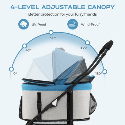 Foldable Pet Stroller with 4-Level Adjustable Canopy and Storage Basket-Blue
