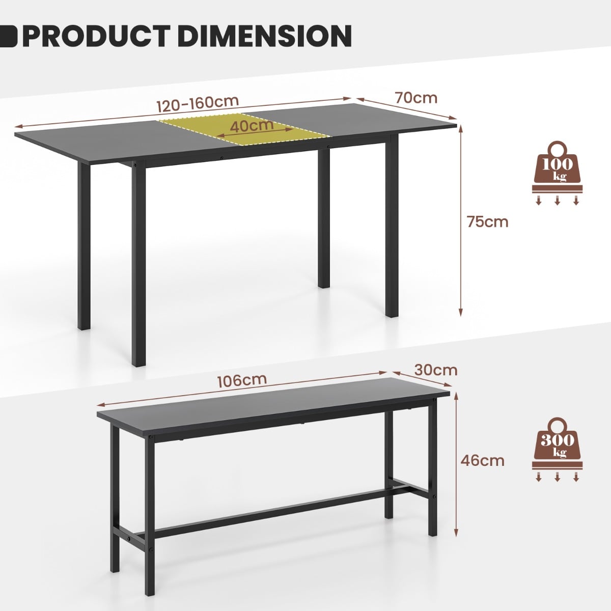 3-Piece 160cm Dining Table Set for 4-6 with 2 Benches-Black