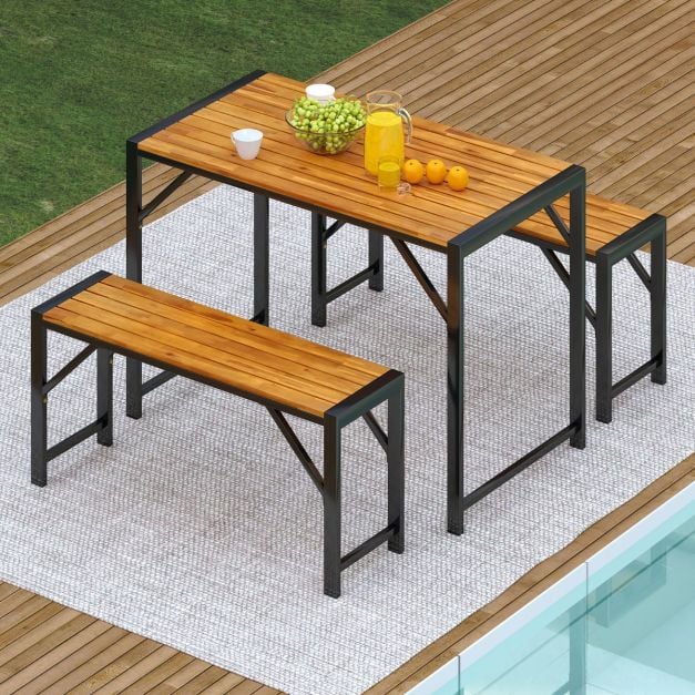 3 Pieces Patio Dining Set with Picnic Table and 2 Benches for 4 People
