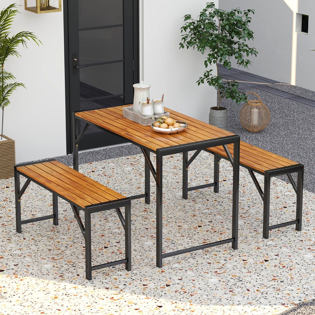 3-Pieces Patio Dining Set with Outdoor Picnic Table and 2 Benches for 4 People