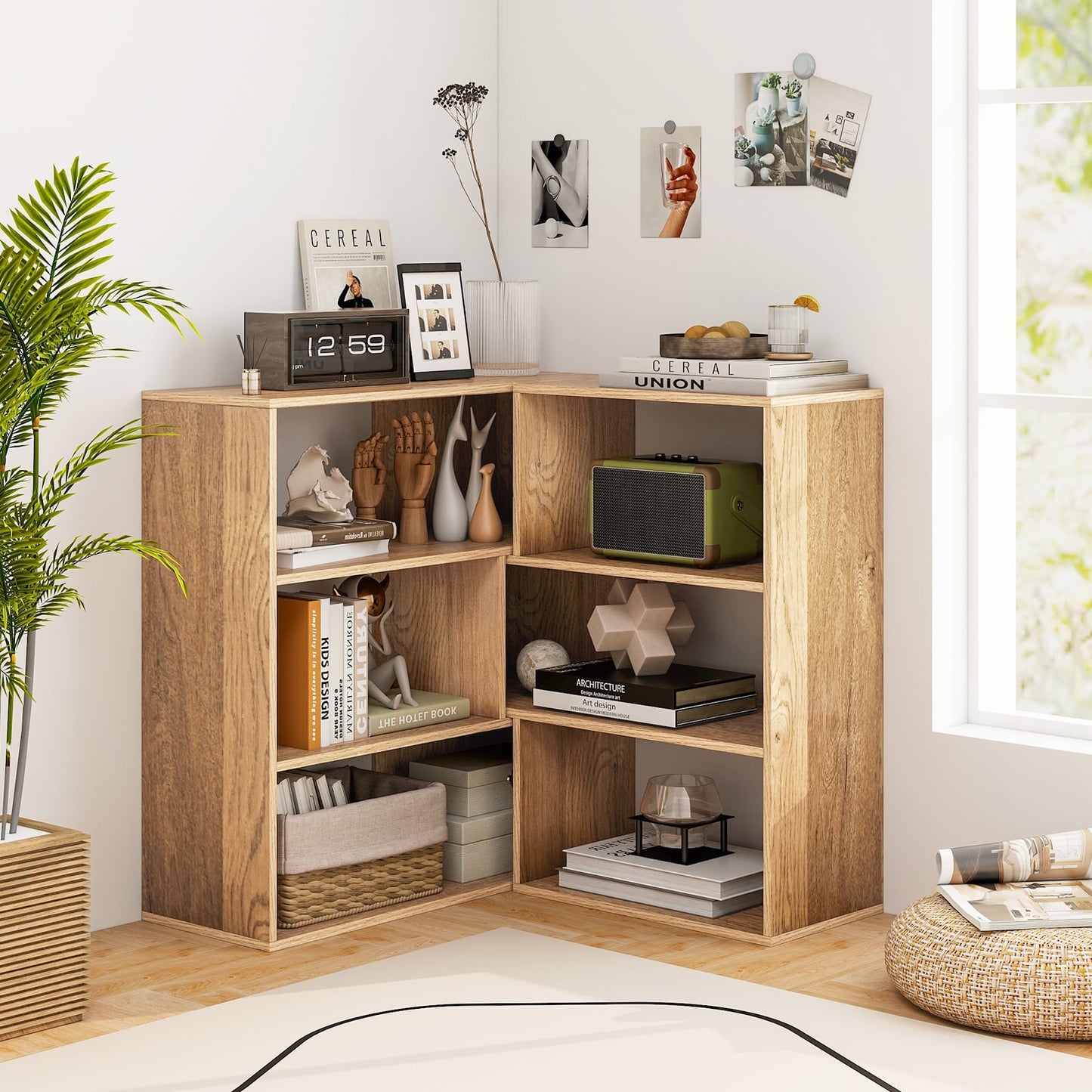 3-tier Bookshelf Irregular Open Back Bookcase with 3 Cubes Free-standing Bookshelf-Natural
